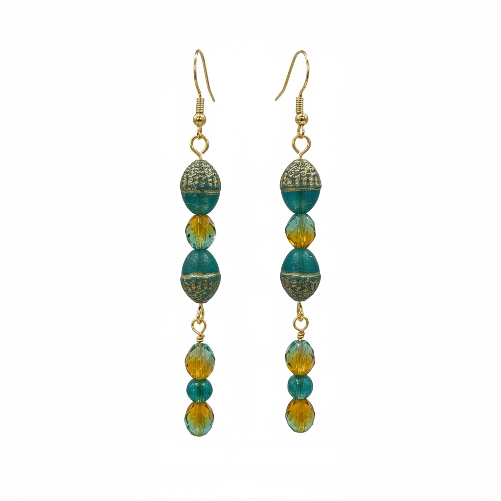 Czech glass drop earrings - teal and gold