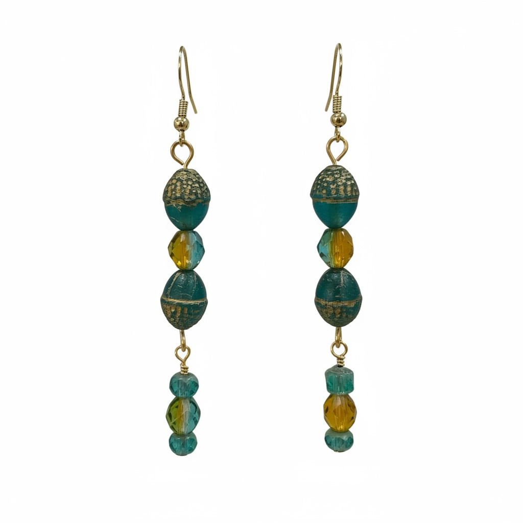 Czech glass drop earrings - teal and gold