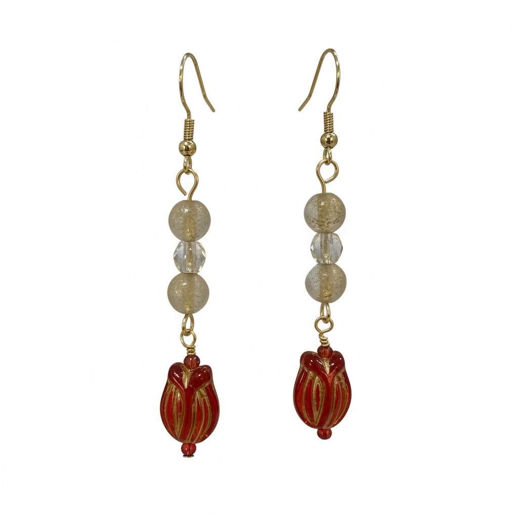 Czech glass orange tulip drop earrings