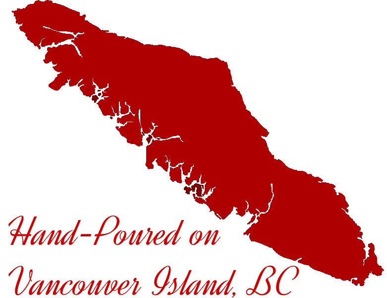 Map of Vancouver Island, British Columbia, with text 'Hand-Poured on Vancouver Island, BC' in red cursive.