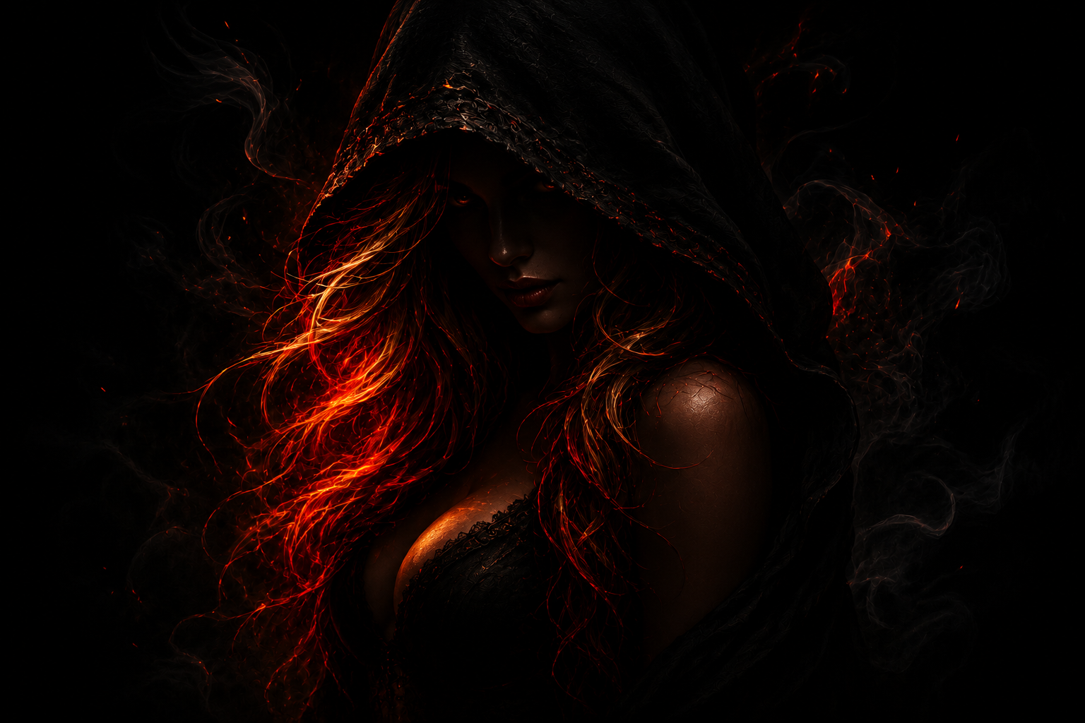 Darkly lit image of a woman with fiery red hair emerging from a black hood, with smoky, glowing effects surrounding her.