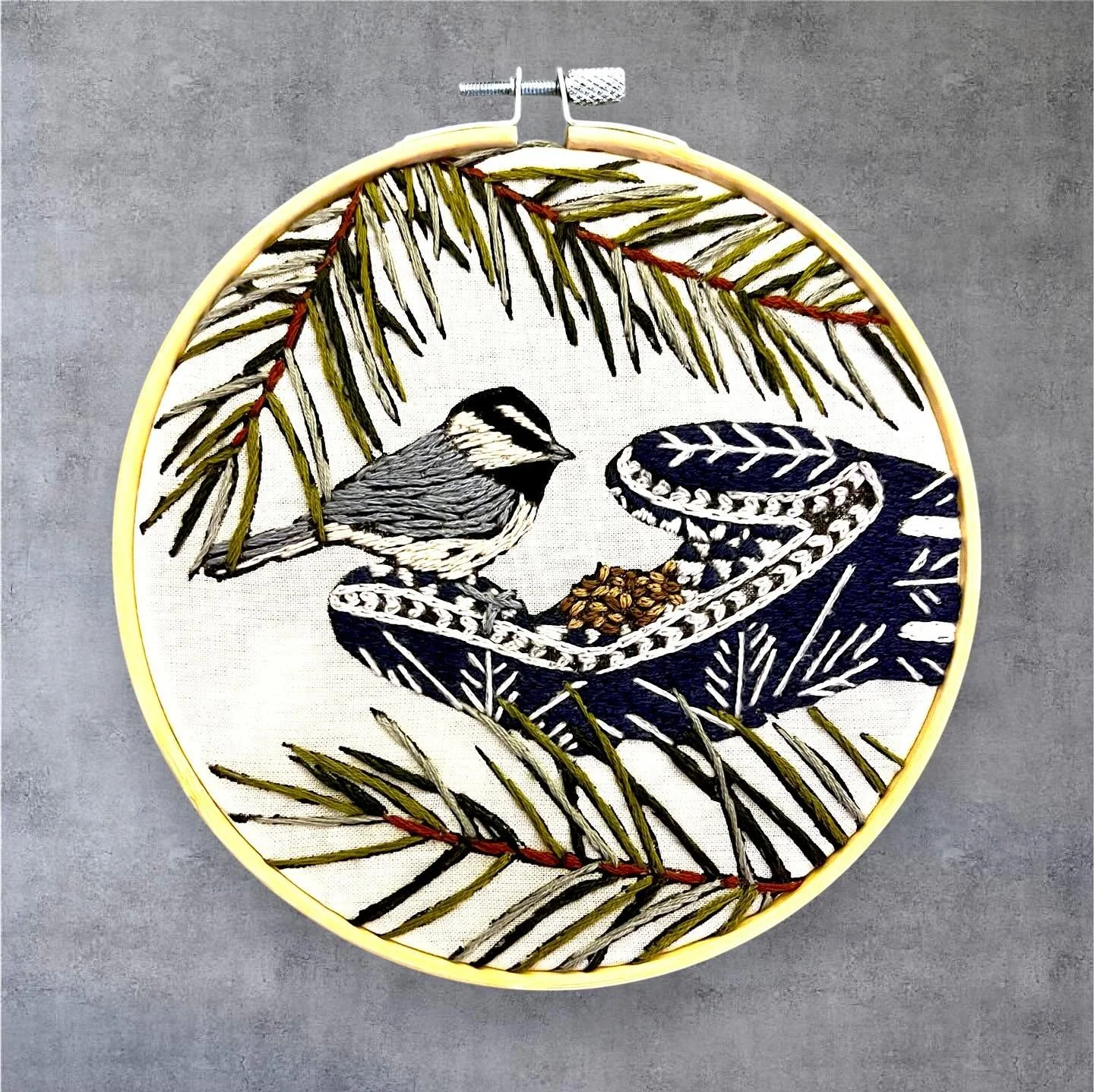 New kit!!! Inspired by growing up getting to have chickadees land on my hand. That&rsquo;s nothing quite like a feathered friend:) 

PS the Norwegian mitten is based on one I actually knit myself:) 

#chickadee #mountain #snow #mitten #Norwegian #pin