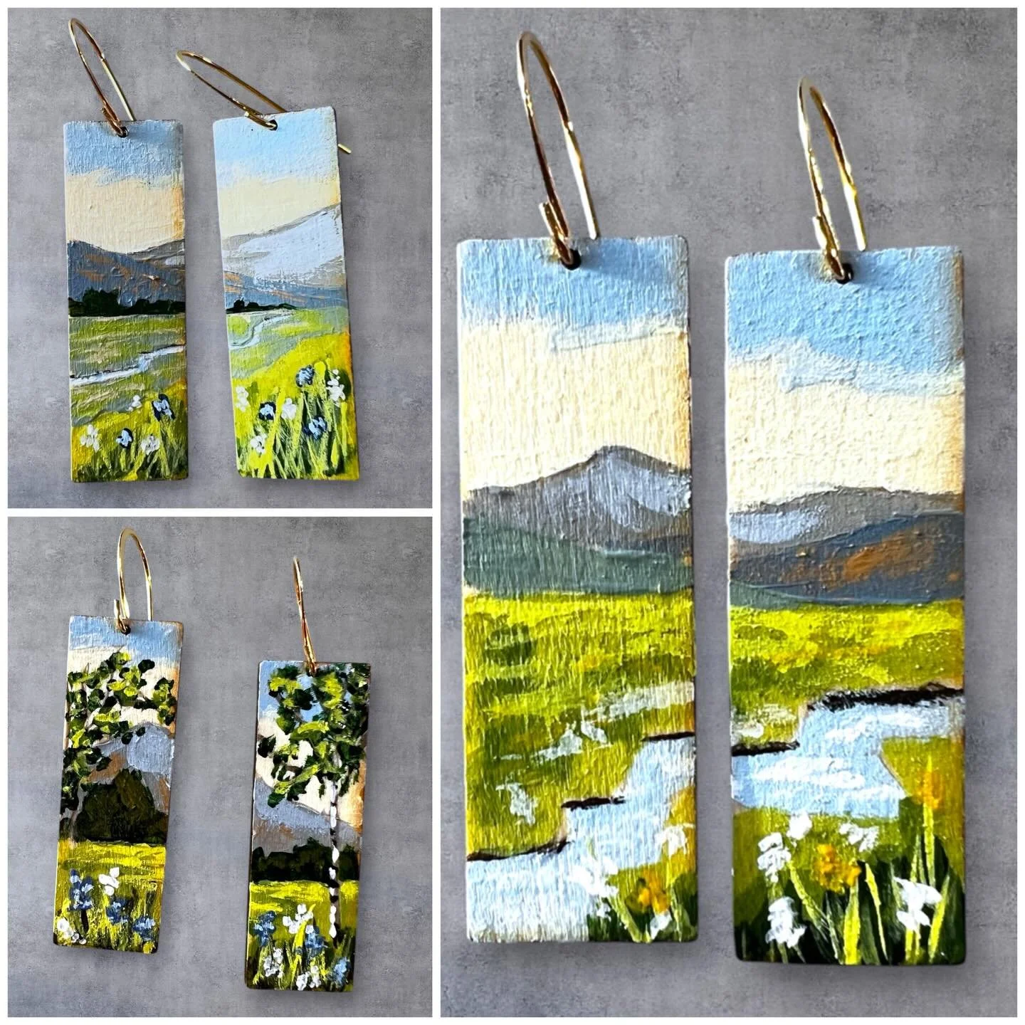 Painted earrings go live tomorrow at 9:00 mst on my website! 
Which pair is your favorite? 
#landscape #earrings #handpainted #Montana #natureinspired