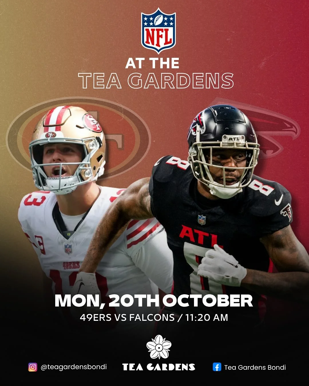 Two massive NFL matchups coming your way this week!
🏈 Monday: 49ers vs Falcons &ndash; 11:20AM
🏈 Tuesday: Seahawks vs Texans &ndash; 1:00PM
Catch every hit, touchdown &amp; highlight LIVE at Tea Gardens 💥
#NFLAtThePub #BondiVibes #TeaGardensHotel