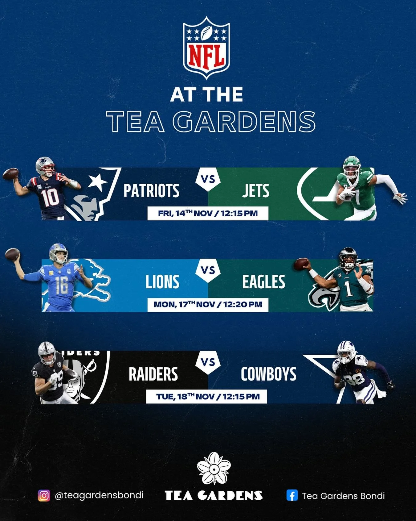 Touchdowns, beers, and big screens 🍻🏈
Join us at The Tea Gardens for all the NFL action this week!
Bring your mates, grab a pint, and enjoy the games live.