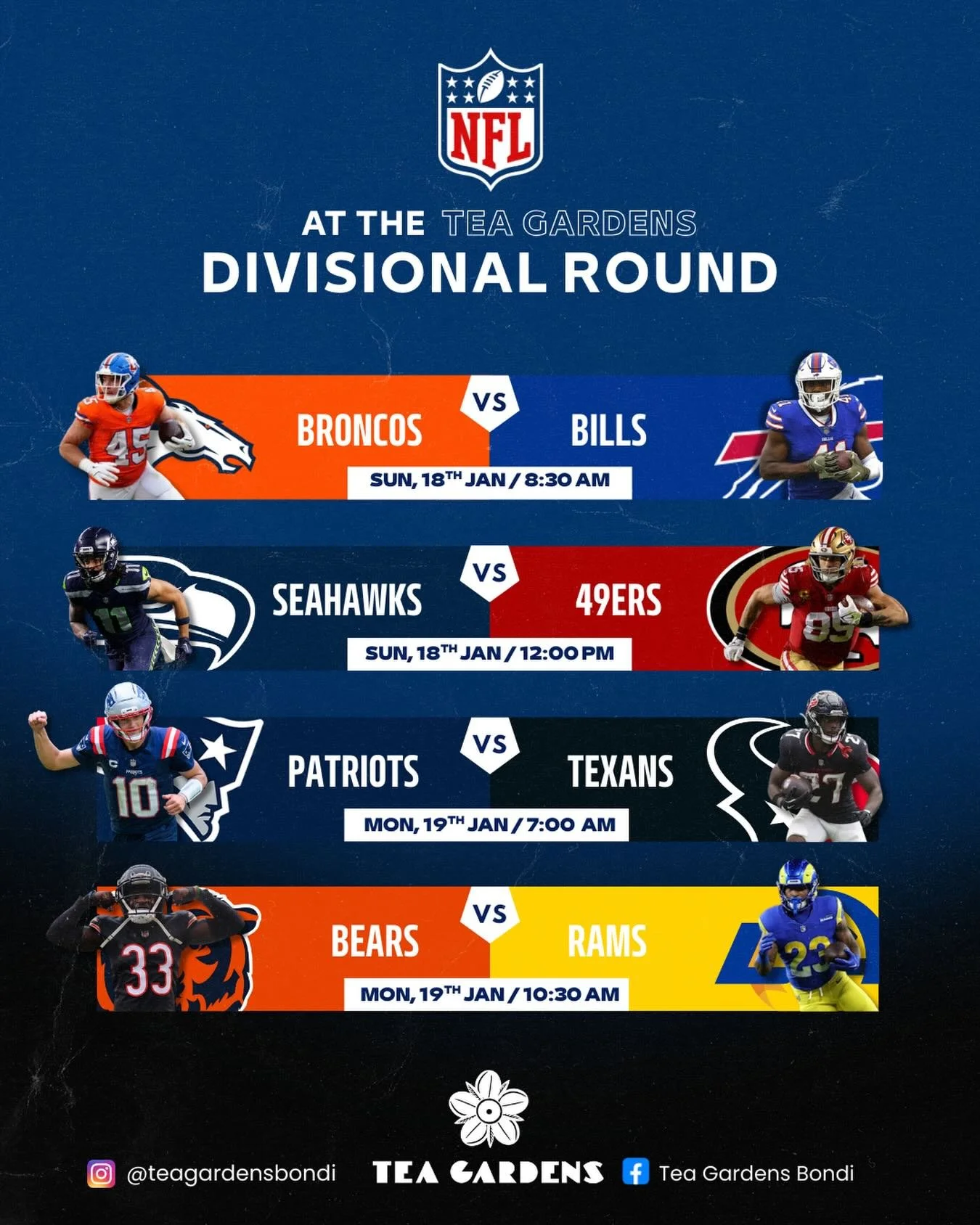NFL Divisional Round 🏈
Live &amp; loud at Tea Gardens.
Beers ready. Screens on. Let&rsquo;s go 🍺