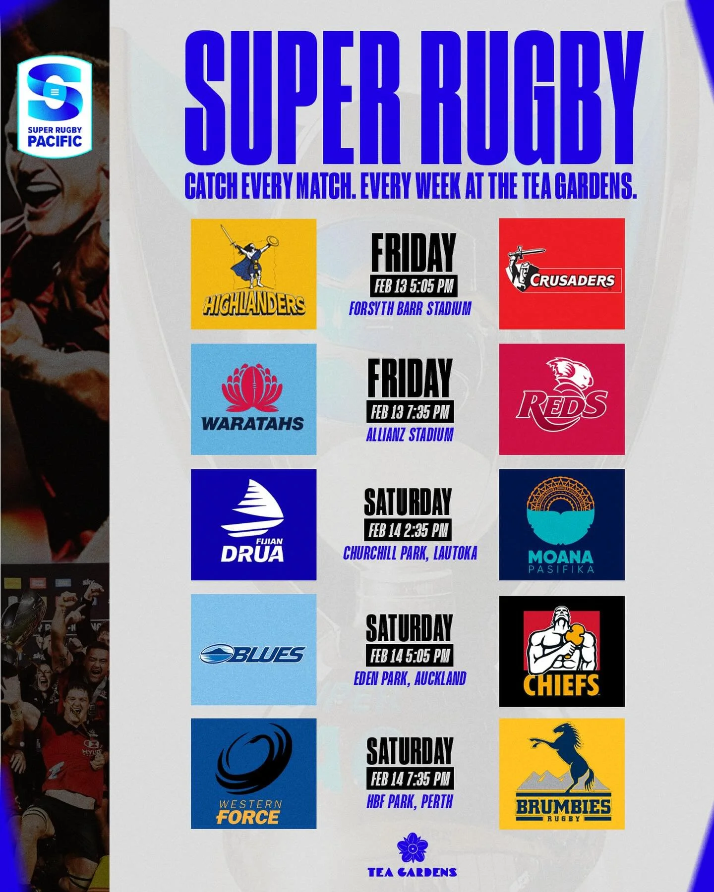 All the rugby. One venue.
Super Rugby at The Tea Gardens 🏉