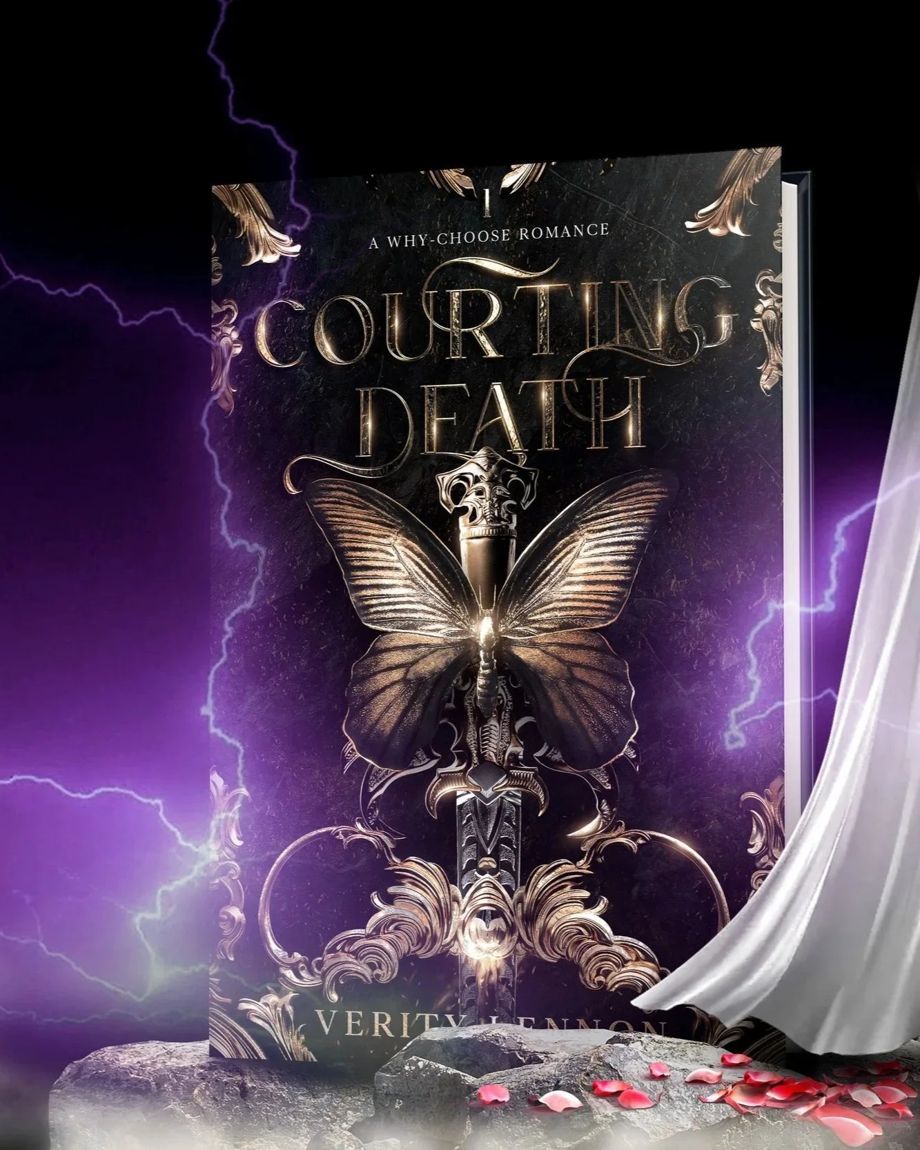 Courting Death by Verity Lennon Hardback on Rock with lightning and rose petals