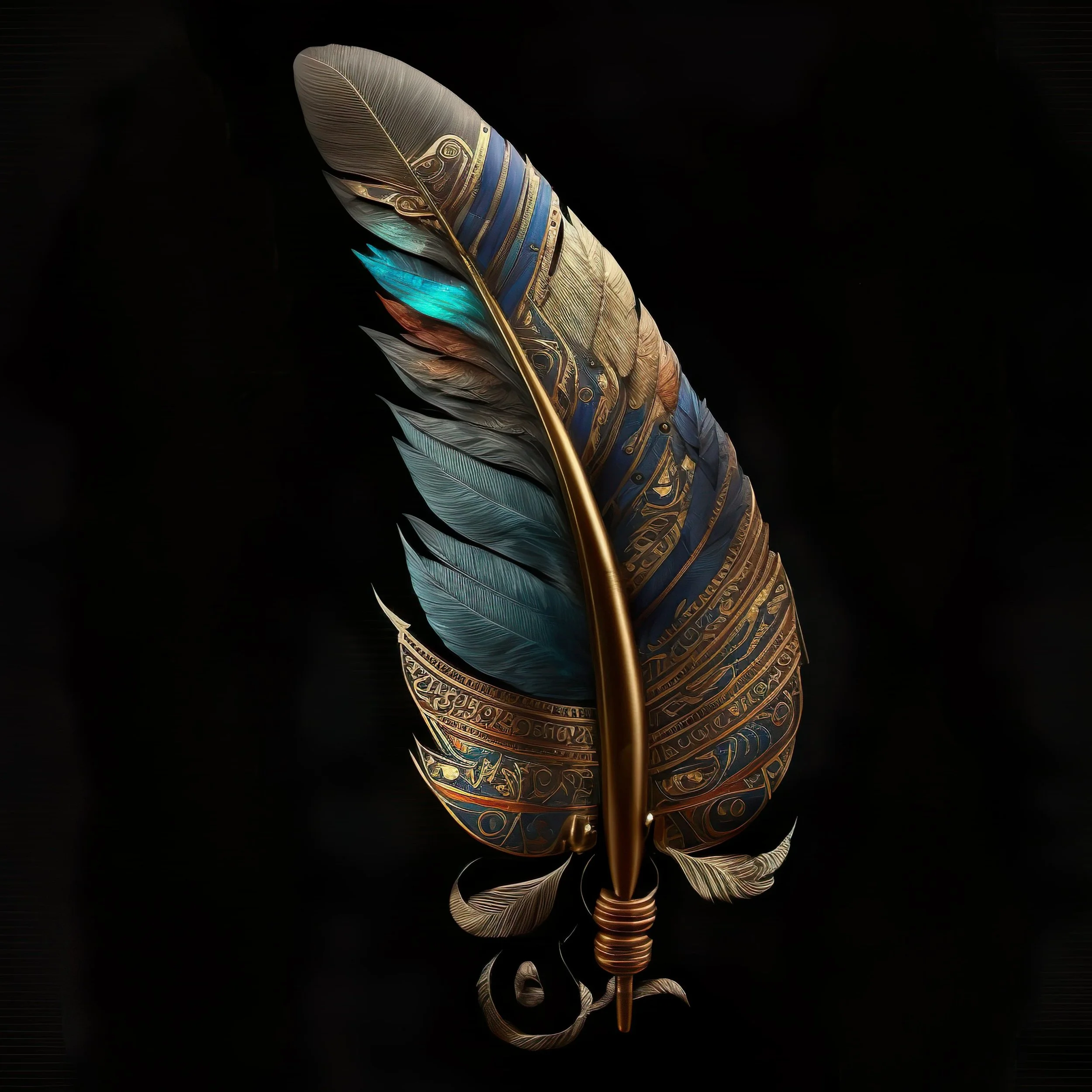 A decorative quill pen made of metallic and colored feathers with intricate patterns, set against a black background.