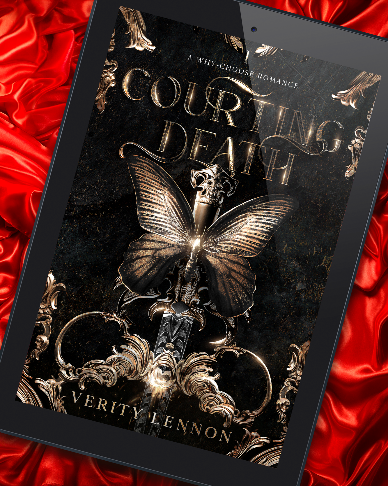 Courting Death by Verity Lennon E-Reader on Red Silk Sheets