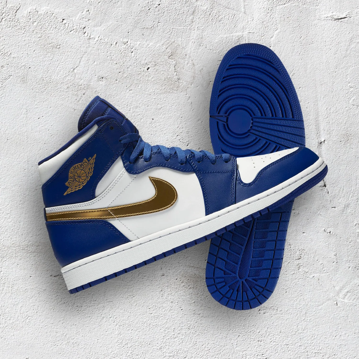 BLUE WHITE AND GOLD JORDAN HIGH TOPS