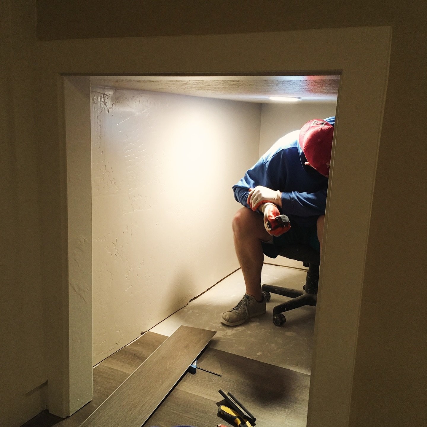 Behind the scenes of finishing a basement 😅 let&rsquo;s just say that the work under the stairs on this one was not our favorite part. Drywall, painting, baseboard, sanding, flooring in that space for a 6&rsquo;4&rdquo; tall guy was&hellip; memorabl