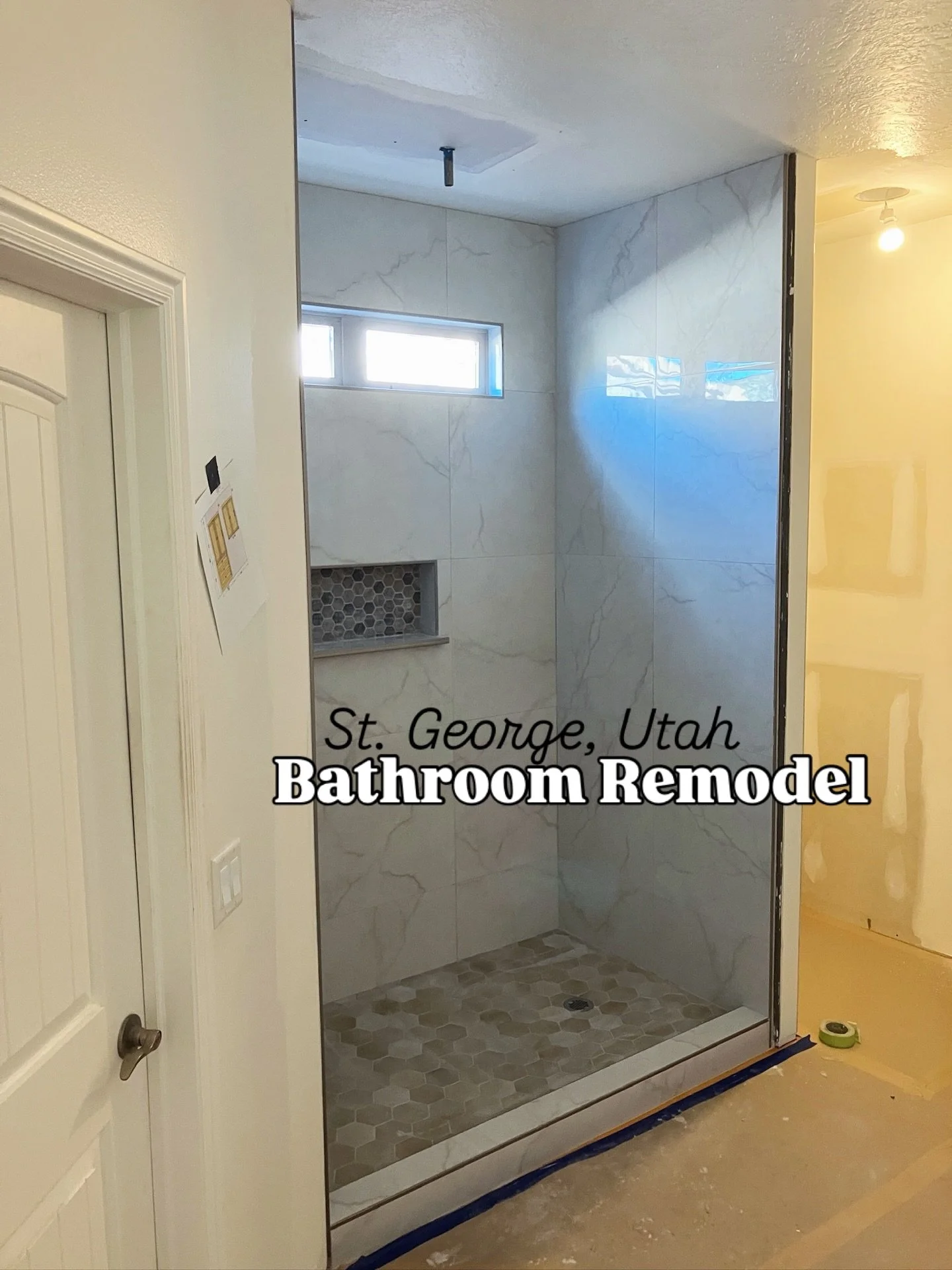 Bathroom Remodel ✨ This homeowner wanted to take out his old tub and move the shower. He also wanted a new vanity, more storage, a smaller bathroom window, and new flooring. Bryce worked with him on the design he envisioned and it turned out great. T