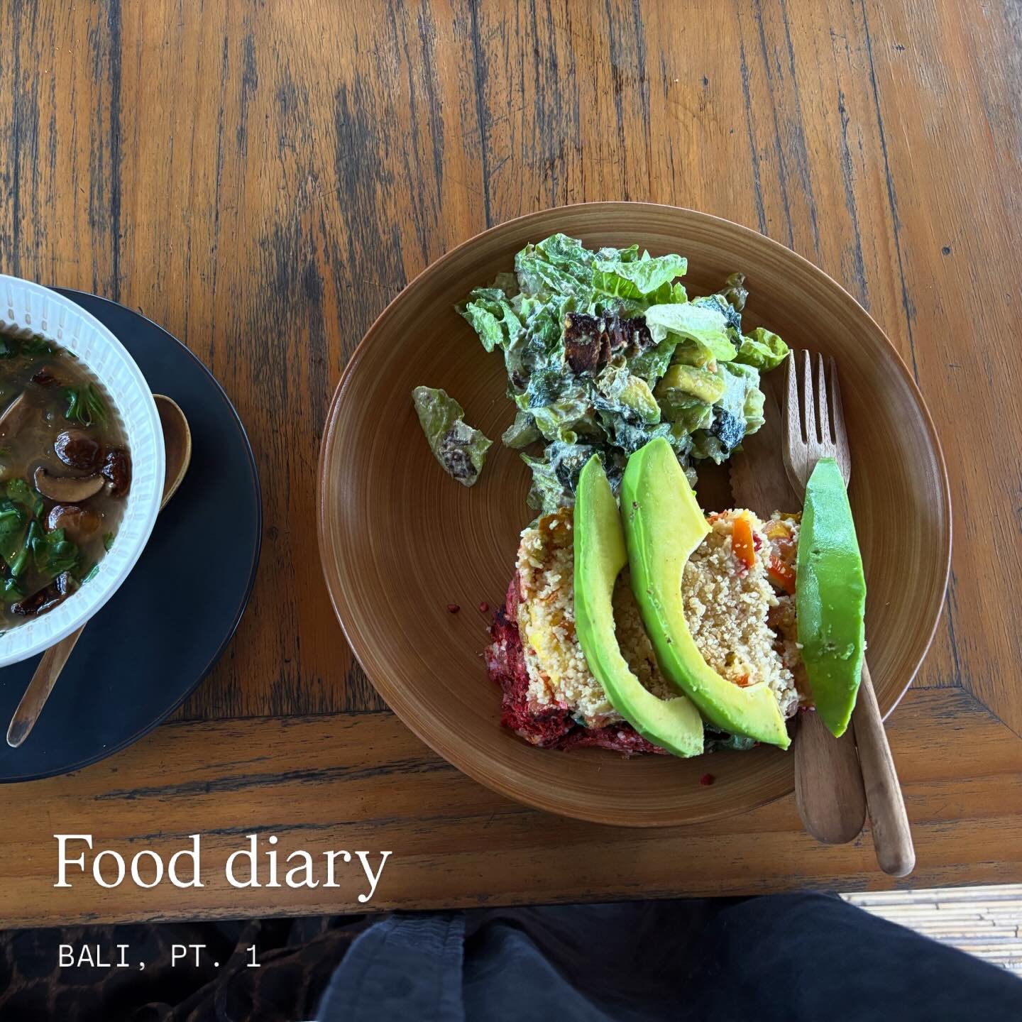 glimpse of last days spread: vegan forest lasagna, Irish moss seaweed miso soup, the best flat white I&rsquo;ve ever had, leftover breakkie bliss at home, matcha with rice field views, home delivery w eat, pray, love, thickkk coconut yog, instant cof