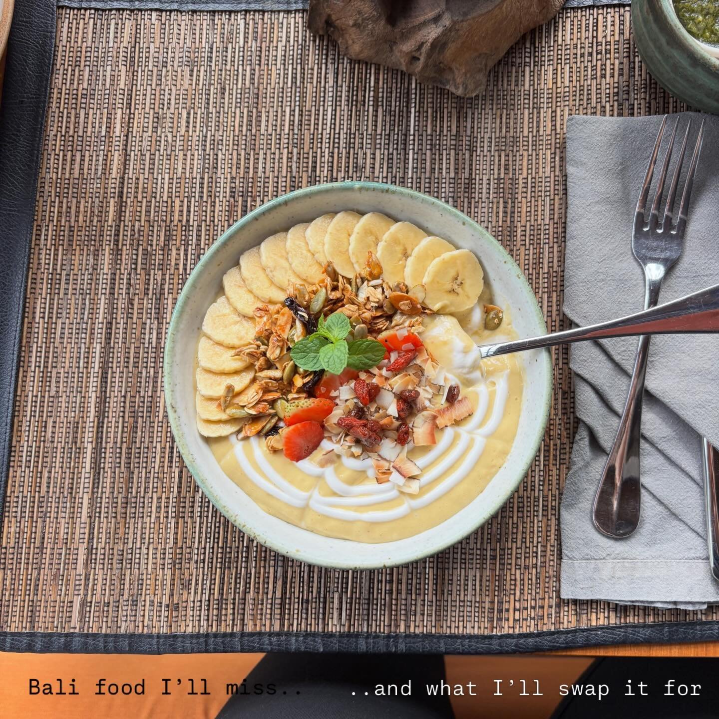 Food never tastes as good as when LOCAL 🥺

What I&rsquo;ll miss about Bali:
- flavour rich smoothie bowls
- freeesh fruit
- colorful vegetarian bowls
- coconut flat white <333
- fresh juices and big ass avocados
- raw cacao and energy balls w loc
