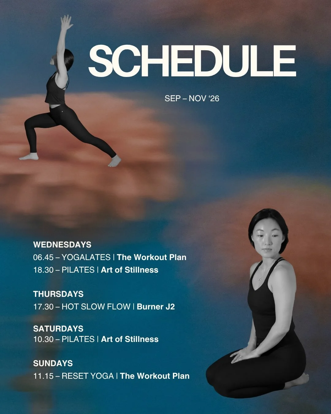 UPDATED FALL SCHEDULE 🧘🏻&zwj;♀️🌸

come move with me
@_burnerstudio 
@artofstillness.se
@theworkoutplanstudio 

bookings directly via studios or bruce app

*changes may appear, see updates in highlights :)