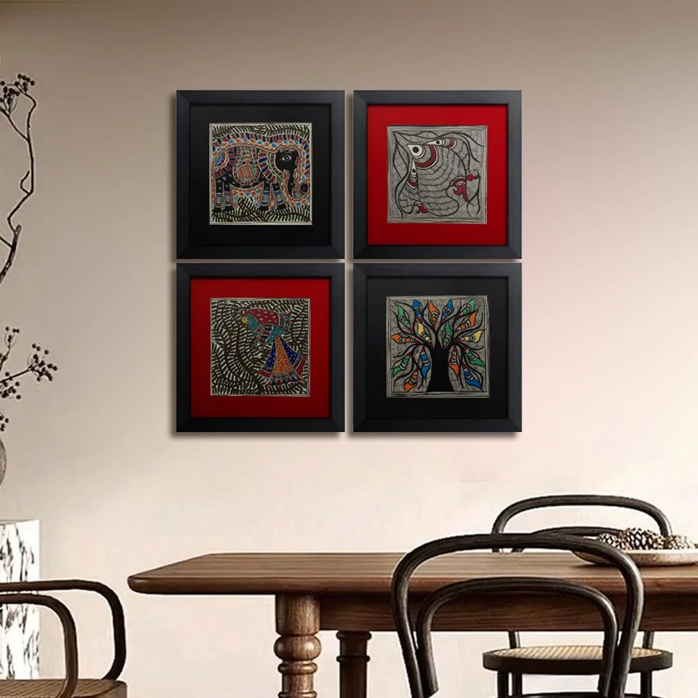 Eternal Nature-Set of 4 Mini Madhubani Art Paintings.