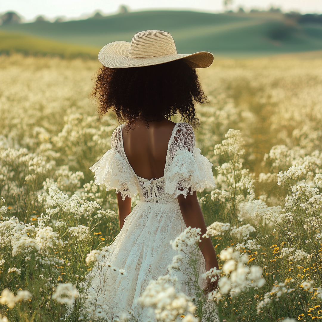 A woman in a white lace dress and wide-brimmed hat walking through a field of white flowers with hills in the background during daylight.