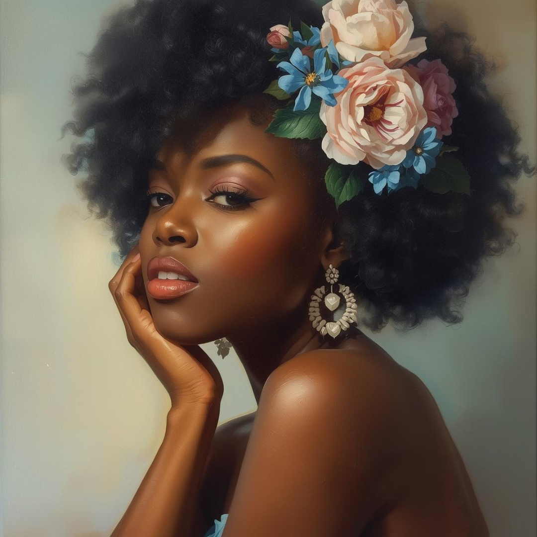 A woman with dark skin and curly black hair decorated with pink and blue flowers, wearing large earrings with heart motifs, positing with her hand on her face against a neutral background.