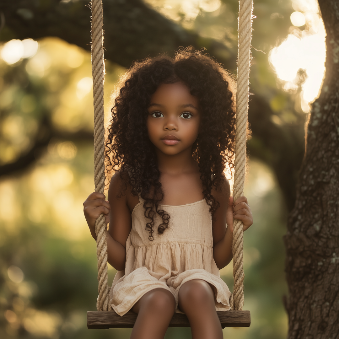 A young girl with curly hair sitting on a wooden swing attached to a tree, surrounded by green foliage and warm sunlight.