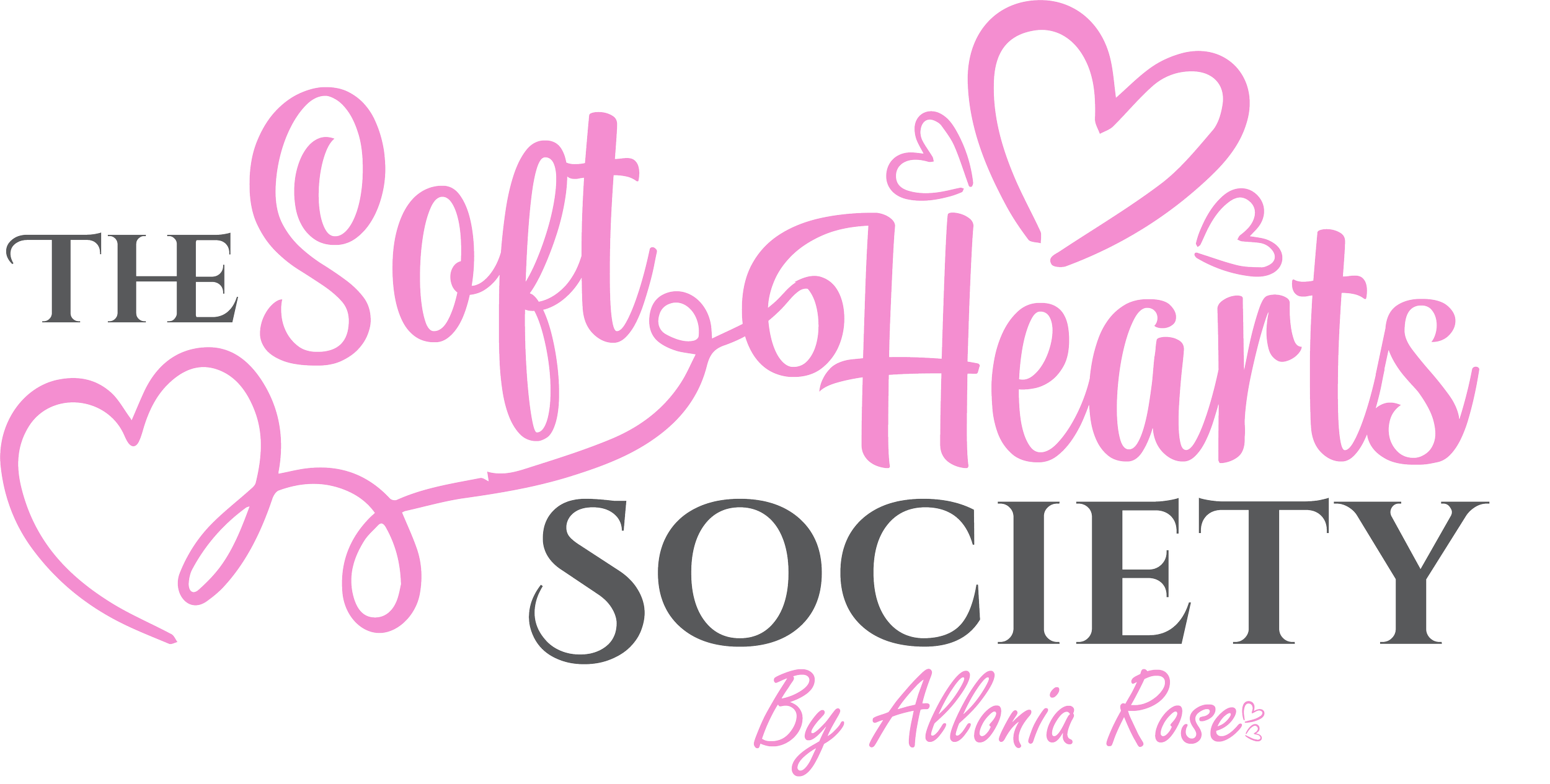 Pink and black text reading "The Sofhearts Society" with smaller text "By Allonia Rose" and decorative hearts.