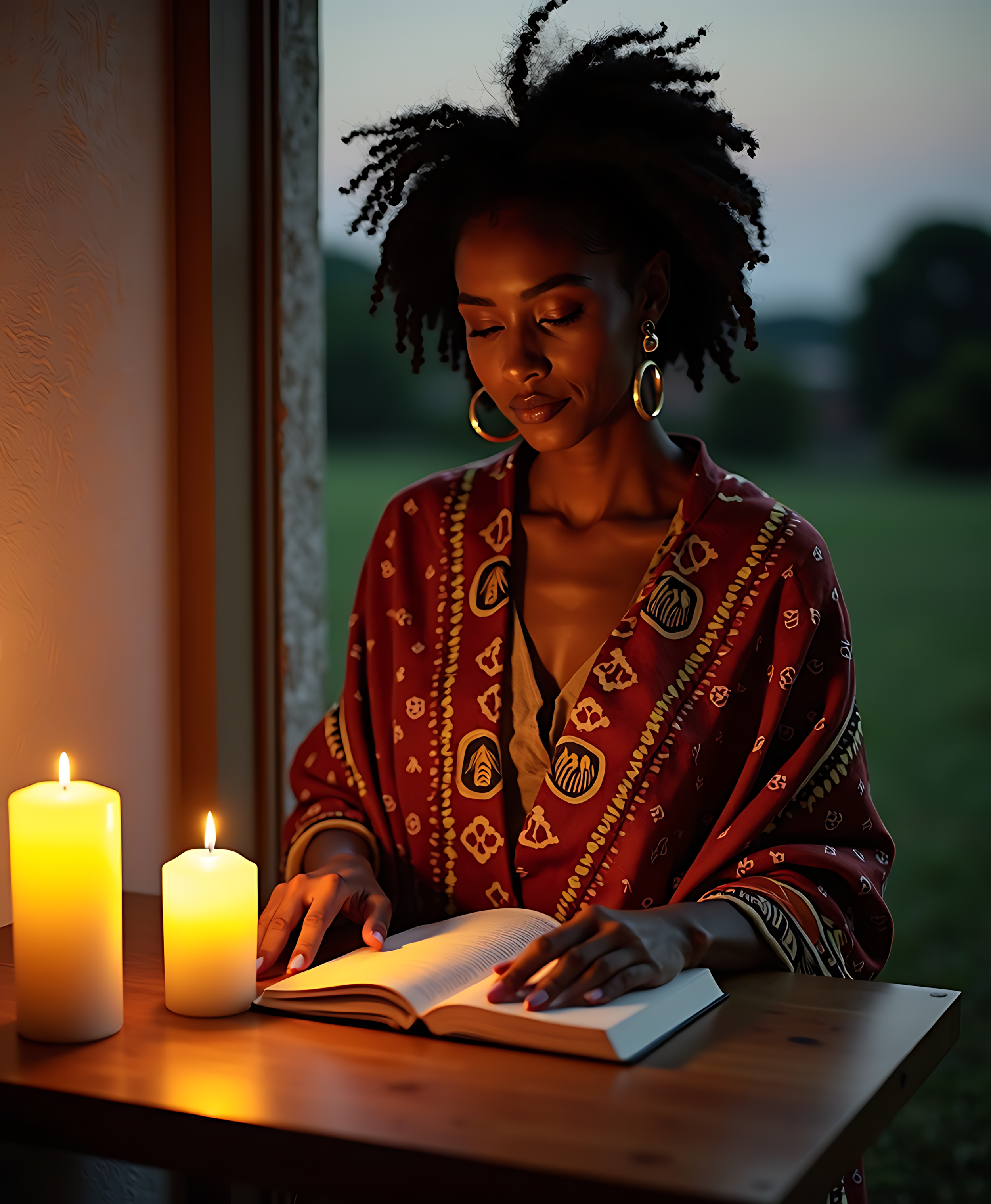 A woman with dark skin and natural afro hair reads a book by candlelight at a table near a window during the evening.