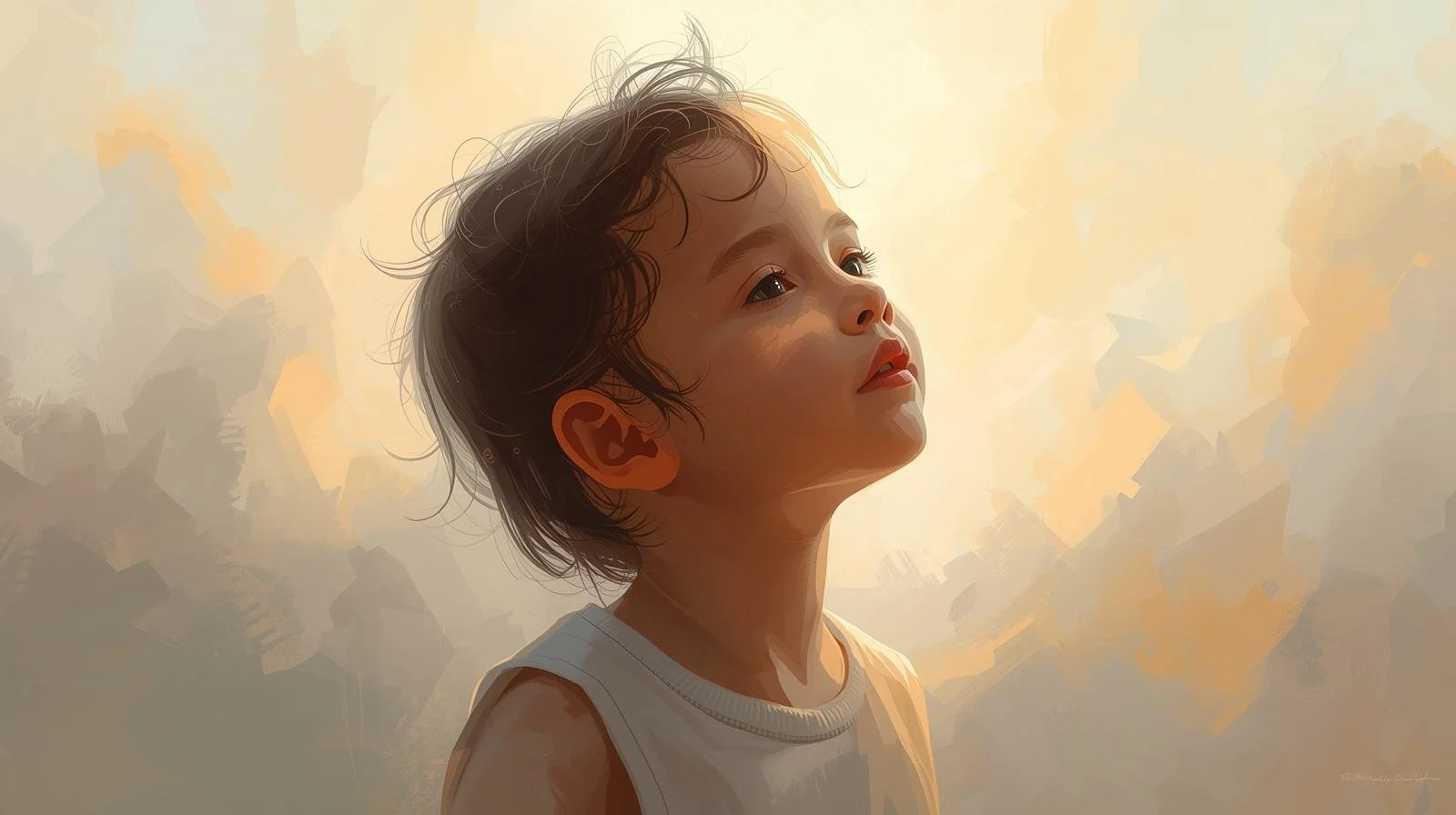 A young child with curly hair gazing upwards, with a soft background of pastel colors.