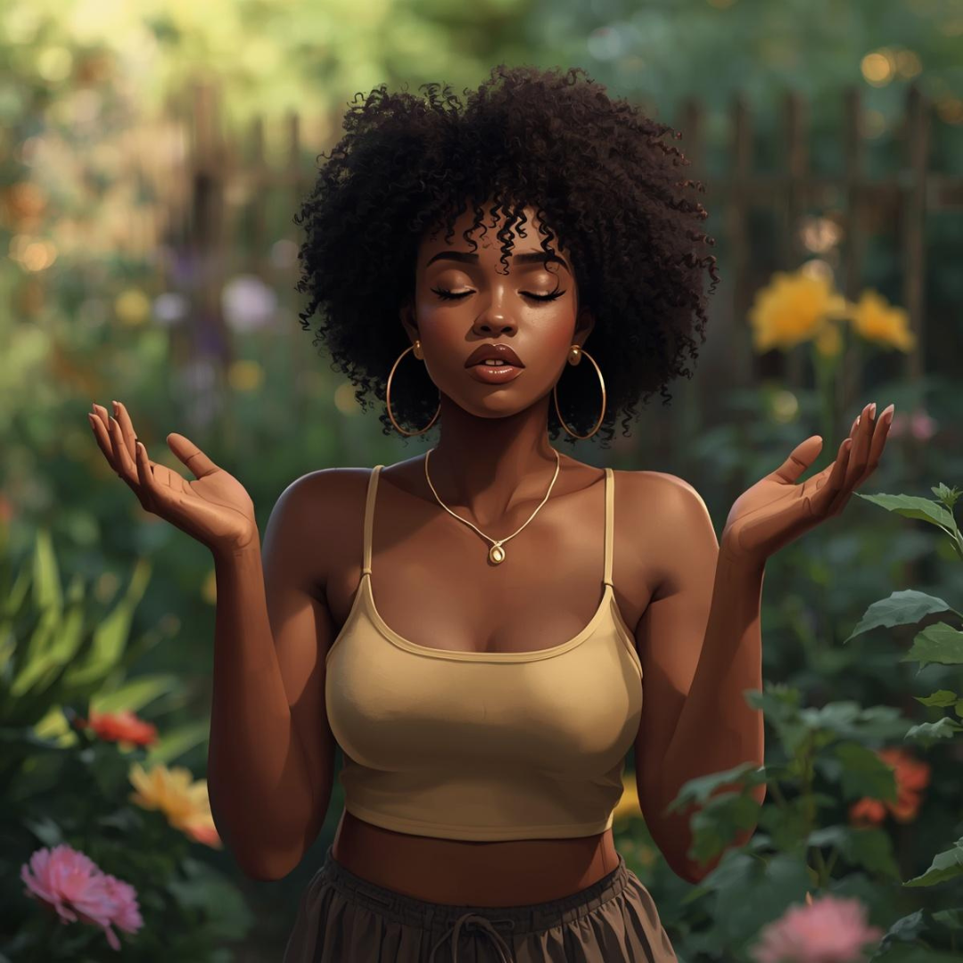 Young woman with curly hair and dark skin standing in a garden with colorful flowers, eyes closed, and arms raised gently in a peaceful pose.