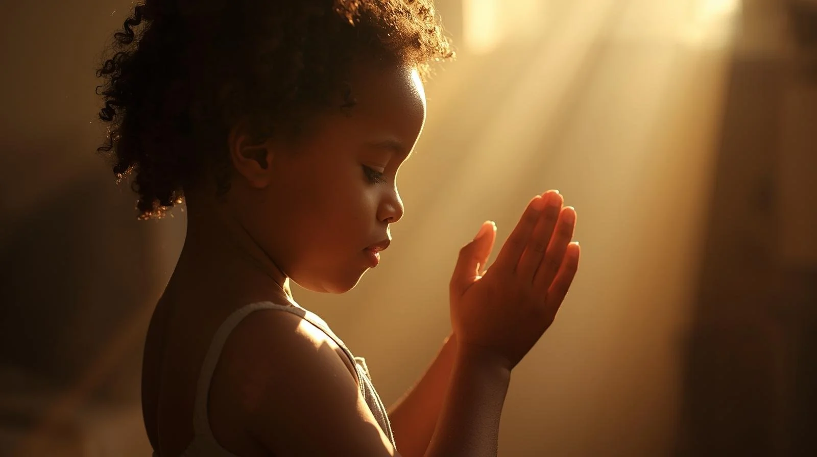 A young girl with curly hair prays with her eyes closed and hands pressed together, illuminated by warm sunlight.
