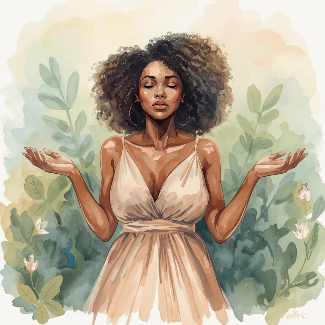 A digital painting of a woman with closed eyes and a calm expression, balancing with her arms outstretched, wearing a beige dress and hoop earrings, surrounded by green leafy plants.