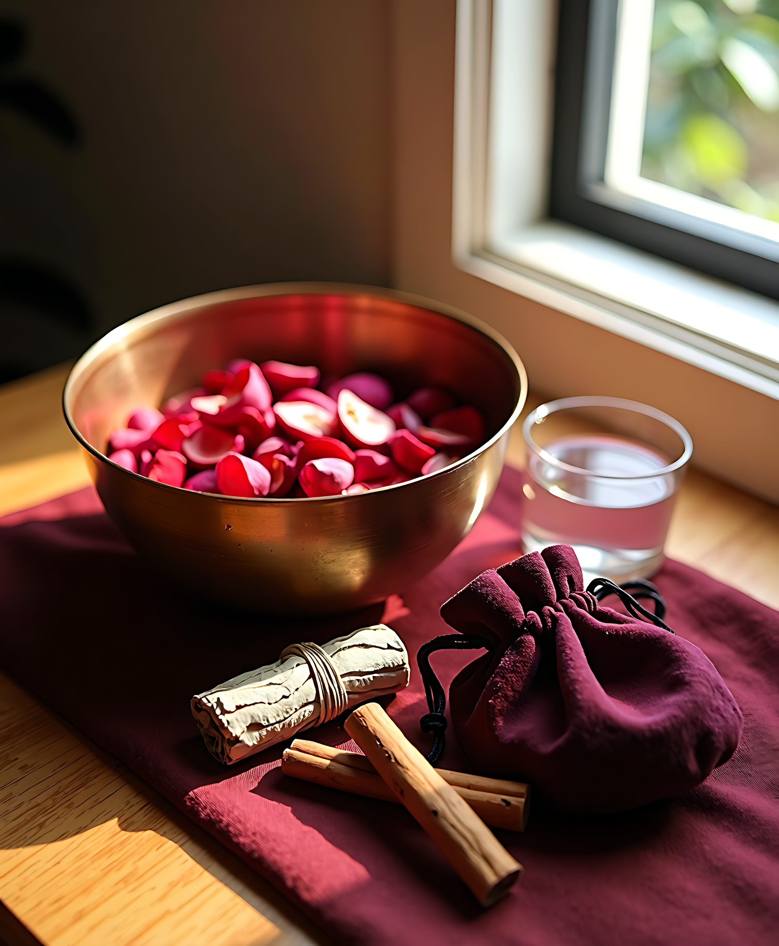 A bowl filled with pink and white rose petals sits on a wooden table. Nearby are a bundle of sticks, a wine glass, and a dark red velvet cloth. A window with sunlight streaming in is in the background.