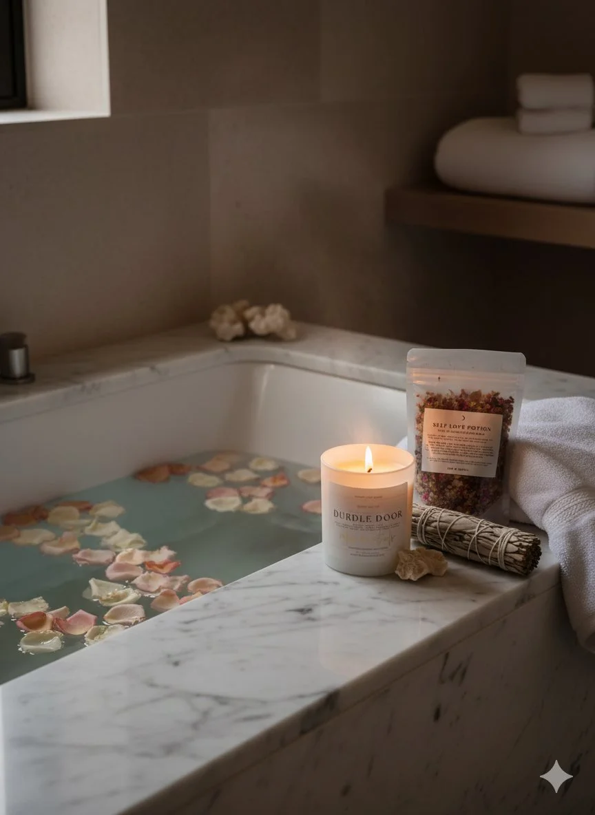 Candlelit ritual bath with floating rose petals, a Rock & Rose Rituals candle, bath salts and herbal smudge on a marble britual-bathing-subscription-candlelit-rose-petal-bath-rock-and-rose-rituals.jpg