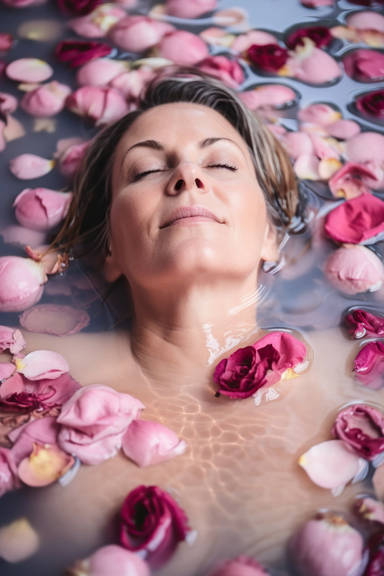 A woman resting peacefully among rose petals