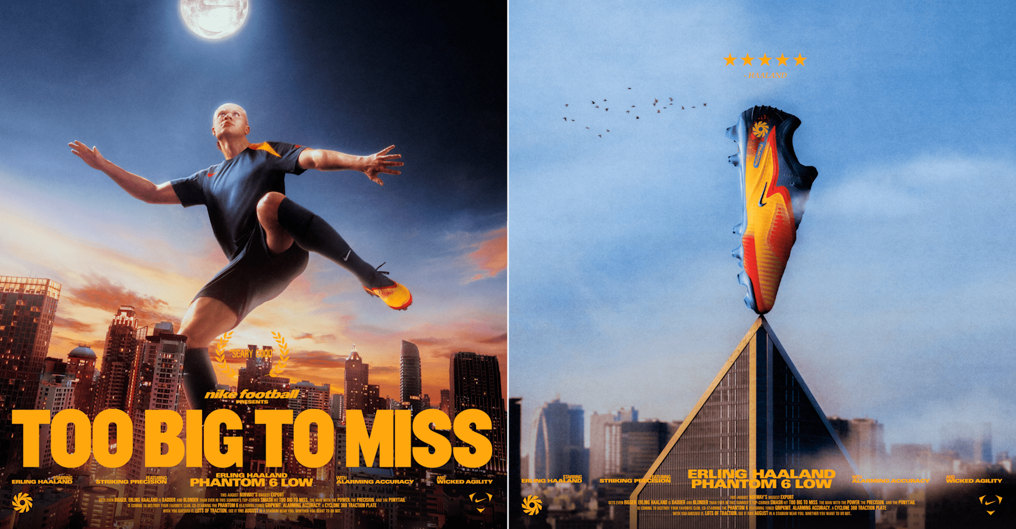 Side-by-side images promoting Nike football shoes. The left image features a football player in a black kit performing a kick at sunset over a city skyline. The right image shows a Nike football shoe with an orange and yellow gradient on a city building, with a blue sky background and birds flying overhead.
