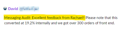Screenshot of a messaging app showing a message with positive feedback from Rachael, highlighted in yellow.
