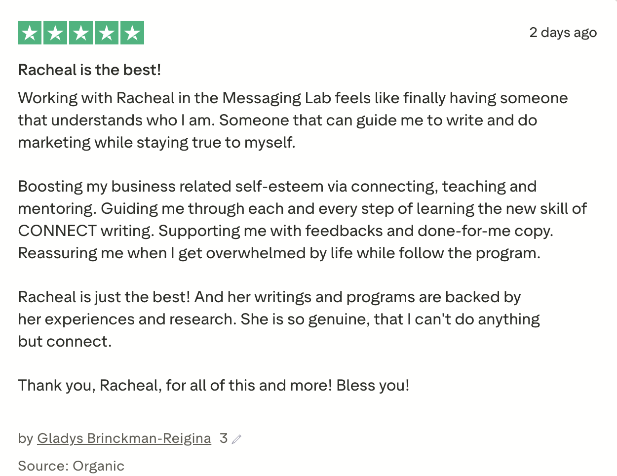 Customer review with five-star rating praising Racheal for her guidance and support in messaging and writing programs, emphasizing authenticity and mentorship.