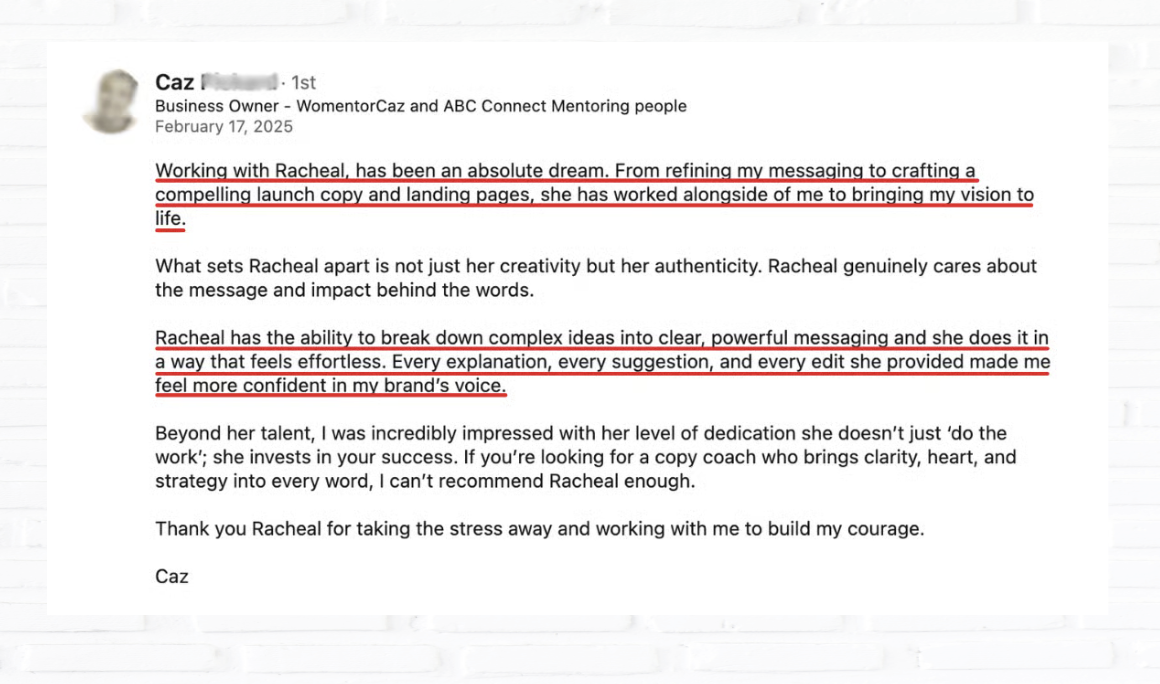 Testimonial letter praising Racheal for her creativity, authenticity, and confidence in brand voice, dated February 17, 2025, from Caz, a business owner.