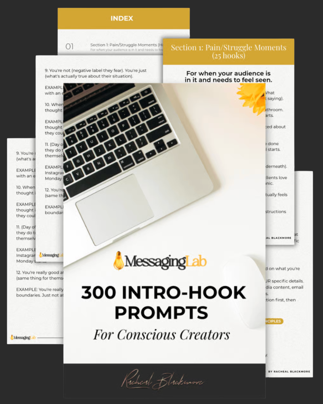 Cover page of a guide titled '300 Intro-Hook Prompts for Conscious Creators' by Rachel Blackmore, featuring a laptop keyboard and a yellow flower in the background.