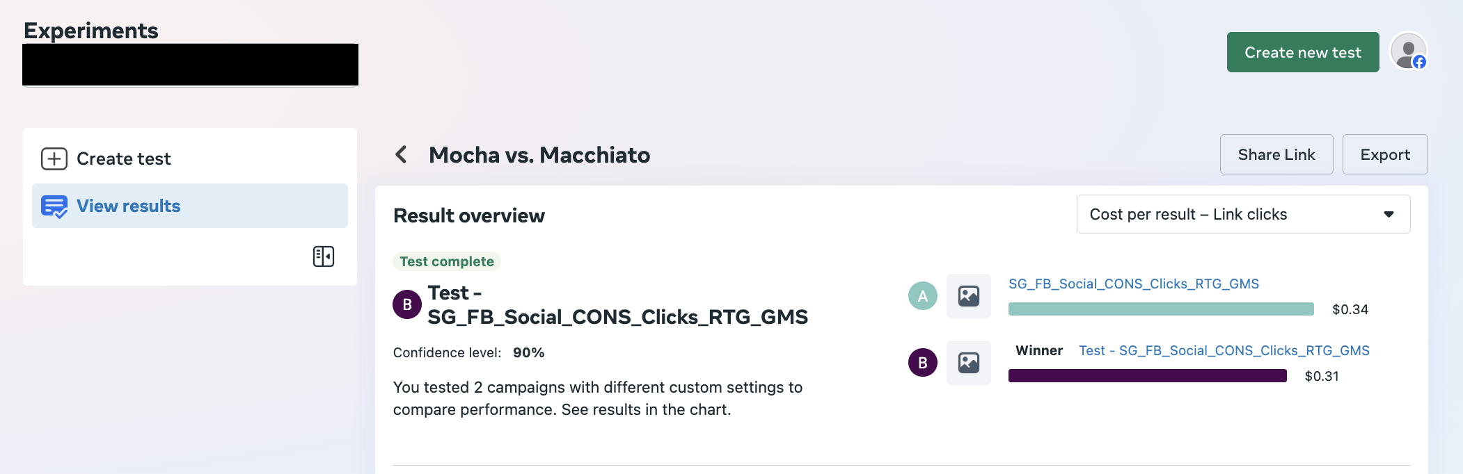 Screenshot of Meta Ads Manager Experiment tool for Advertisers to carry out A/B Testing, Split Testing, Brand Lift, Conversion lLift