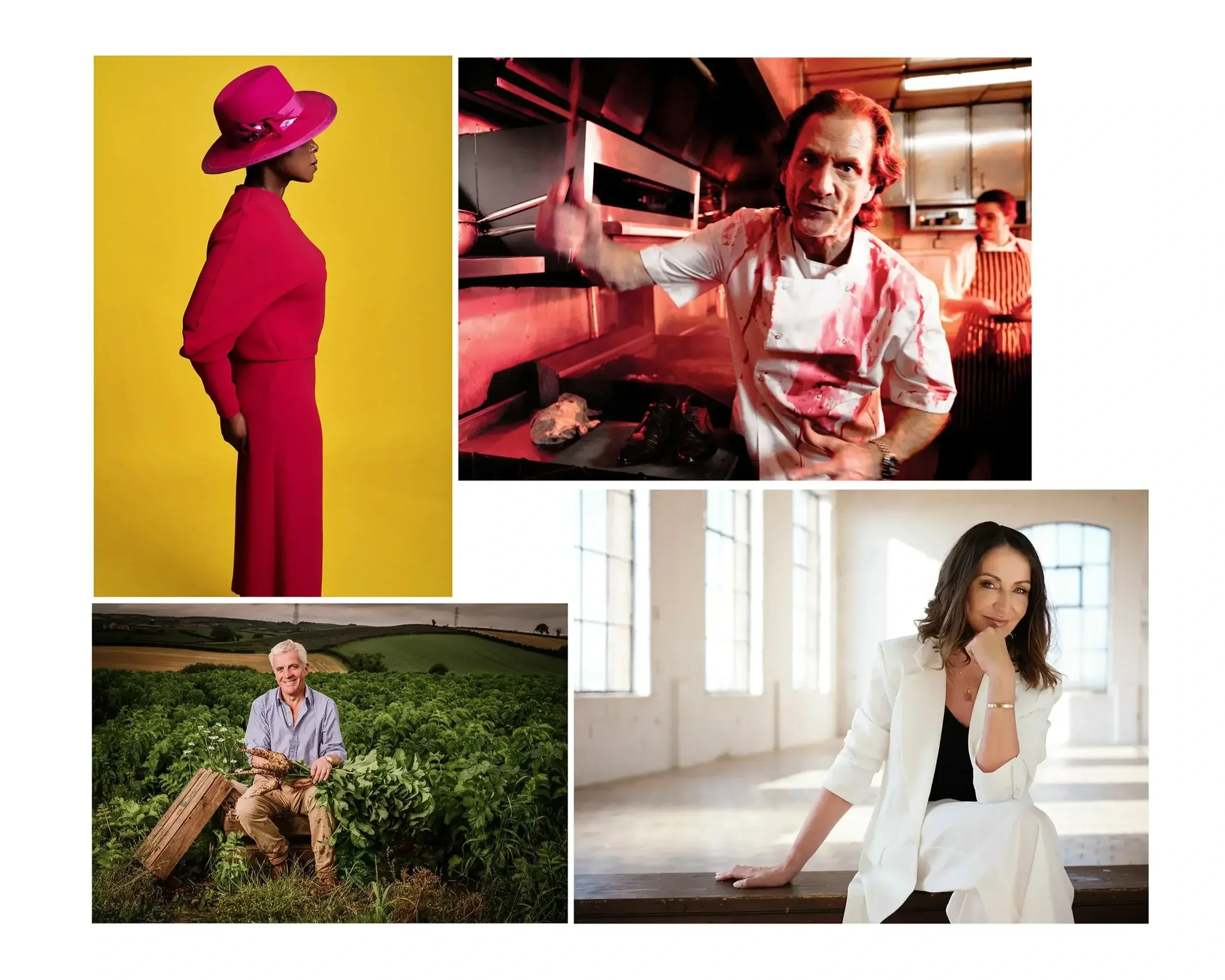 Collage of four images: a woman in a vibrant pink outfit and hat, a chef in a busy kitchen, a woman in a white blazer sitting in a bright room, and a man in a field of crops holding a basket of vegetables.