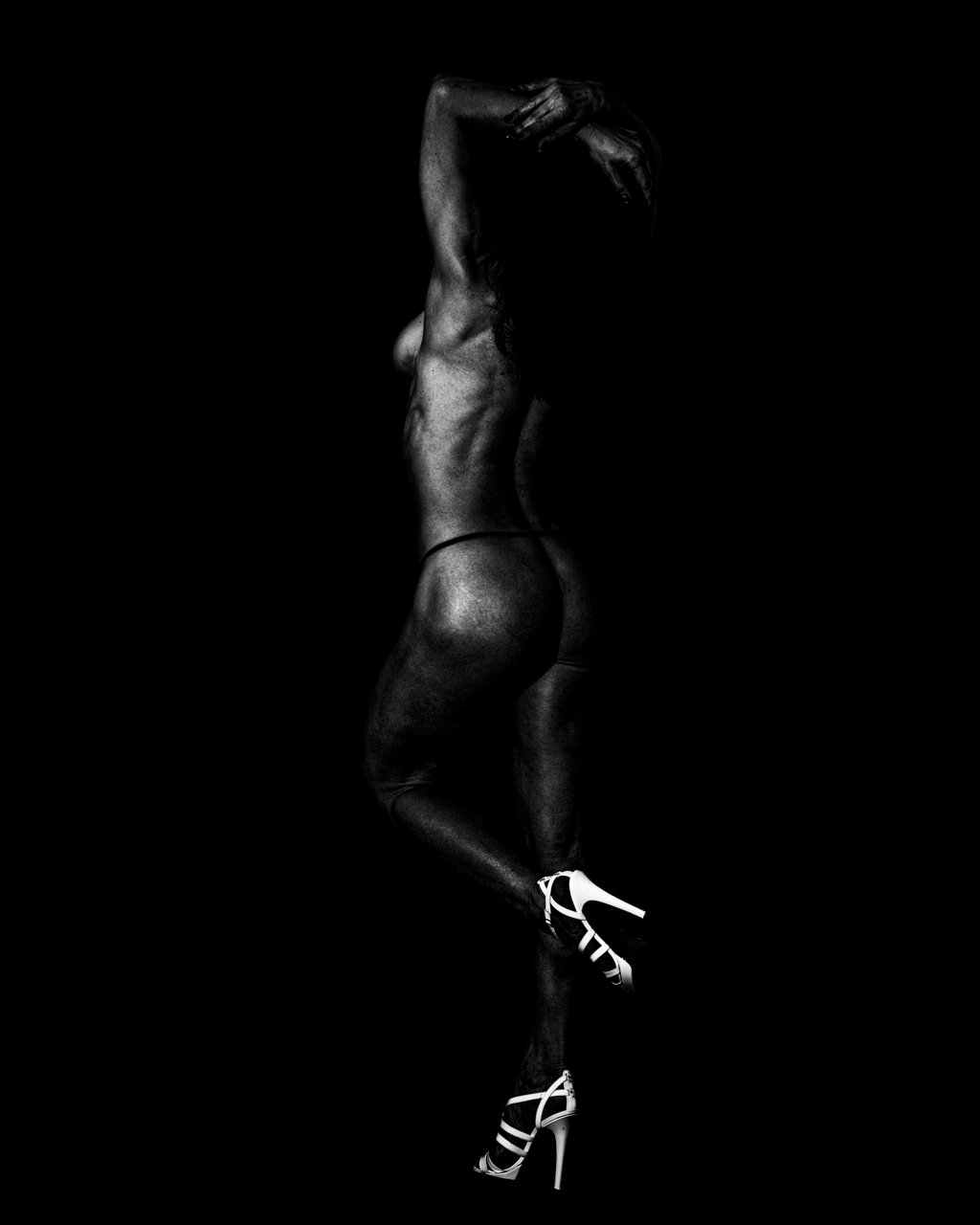 White High Heel Shoes - Model Pose - Nude Art Black and White Photography.