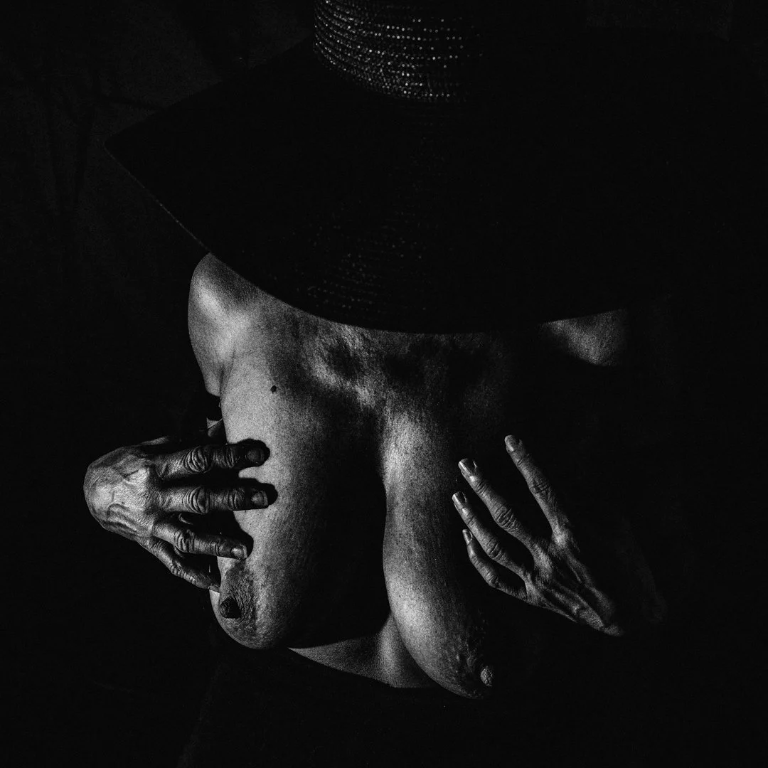 Woman with Black Hat - Hands on Breasts - Female body shape study in black and white, Nude Art.