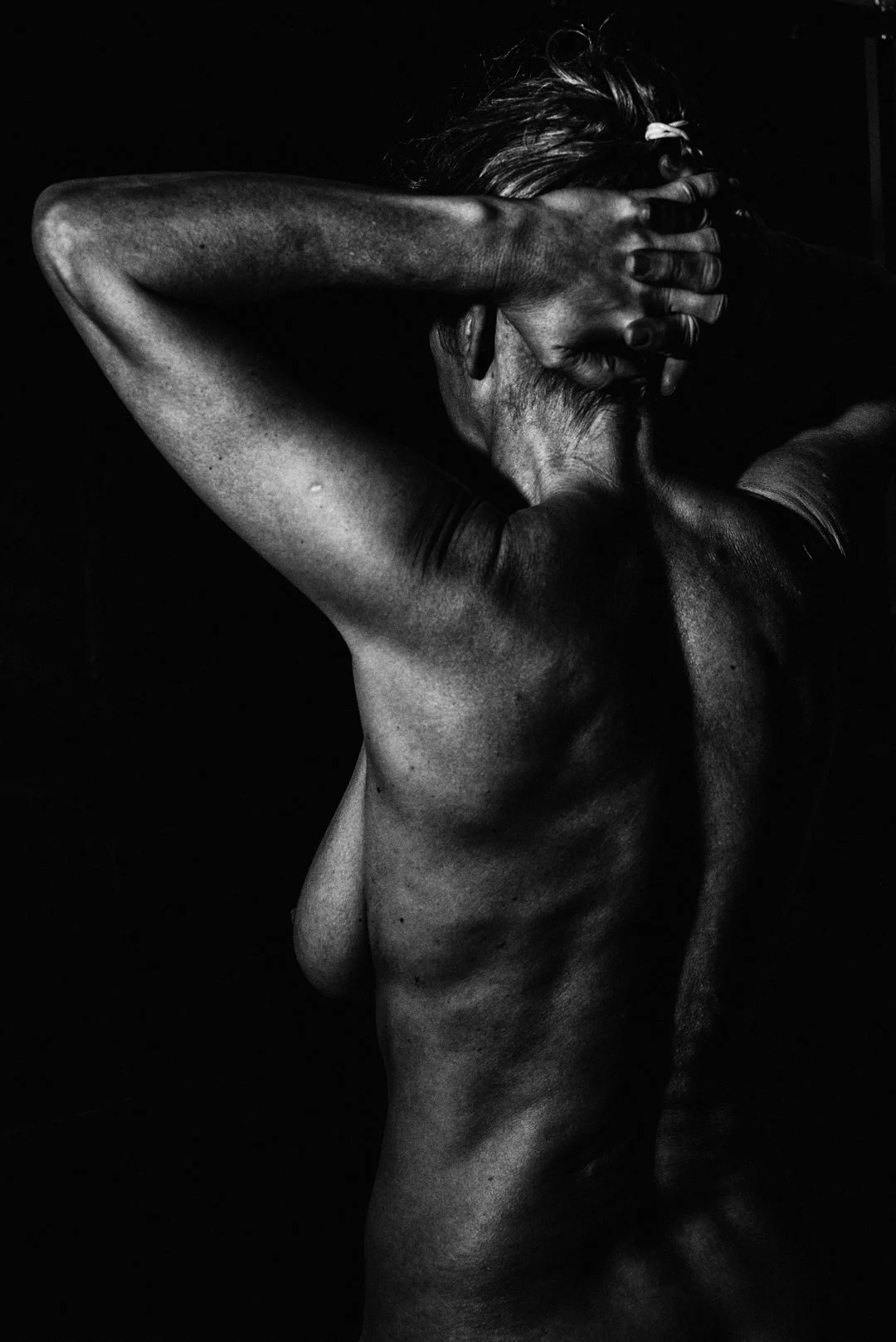 Woman with Hands on Head, Black and White Photo, Nude art.