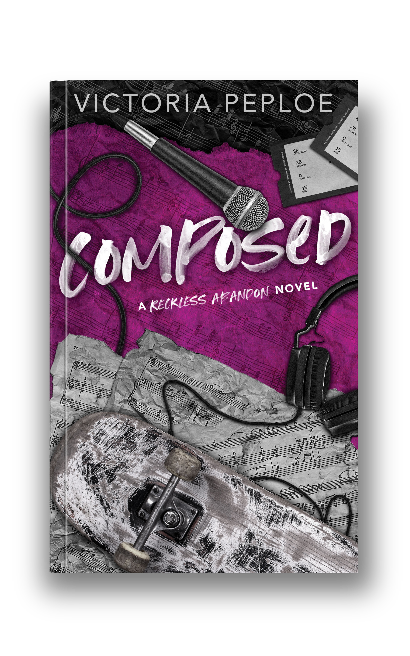 Discreet paperback cover of Composed by Victoria Peploe. A purple background with a micrphone, ticket stubs, crcumped sheet music, a worn skateboard and black headphones.