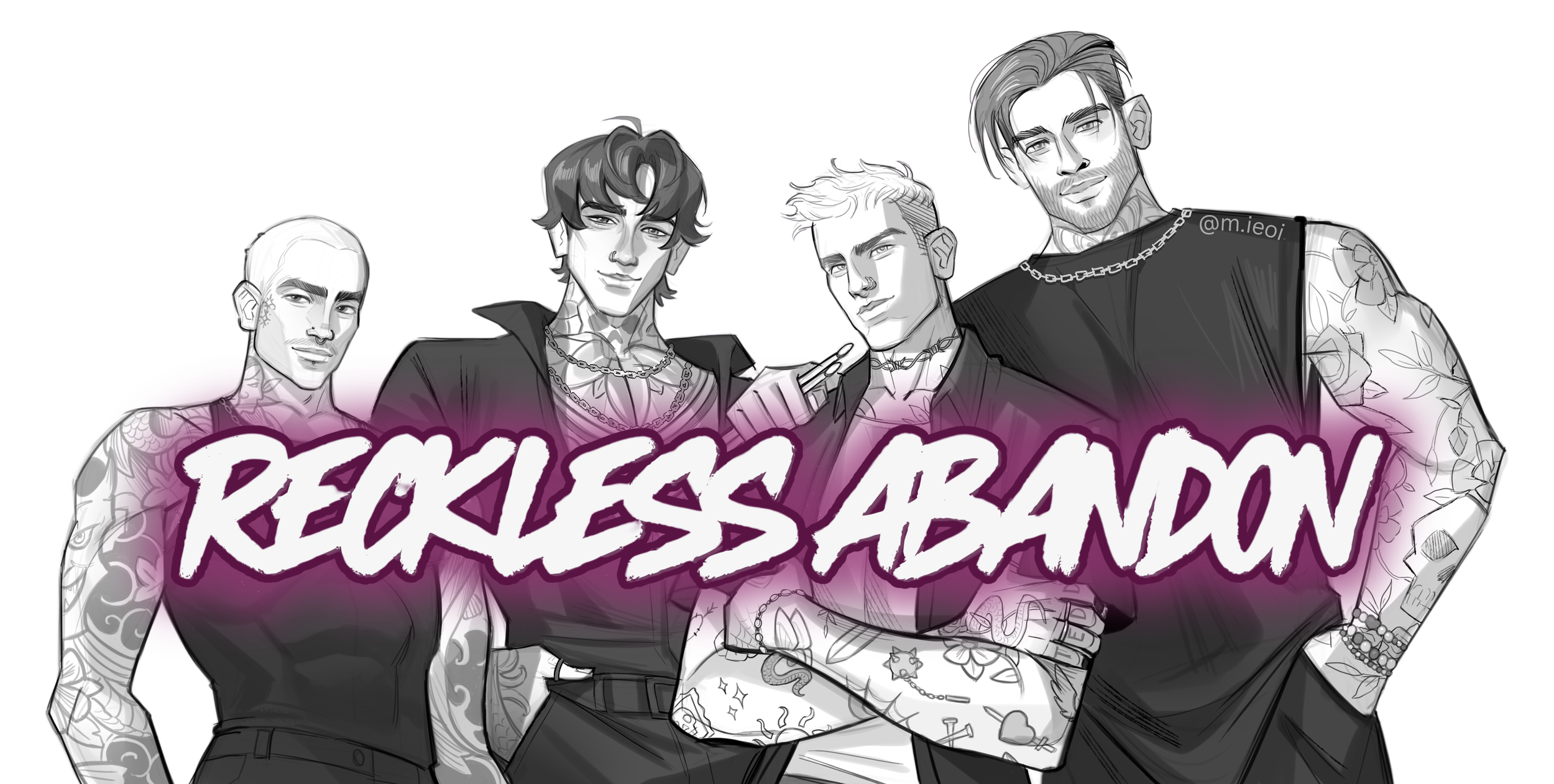 Digital black and white sketch of fictional band Reckless Abandon