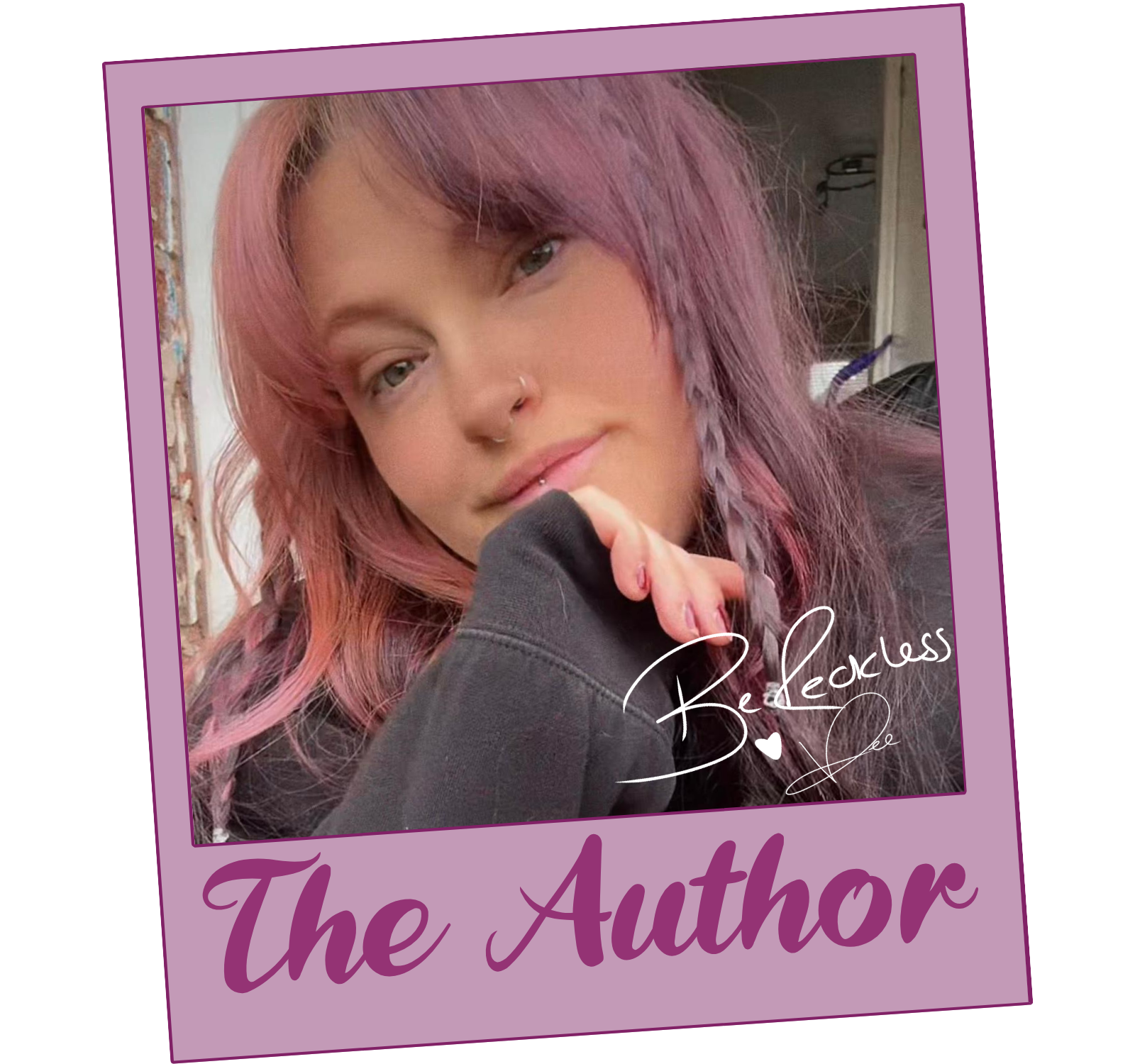 Photograph of author Victoria Peploe, signed Be Reckless, Vpee.