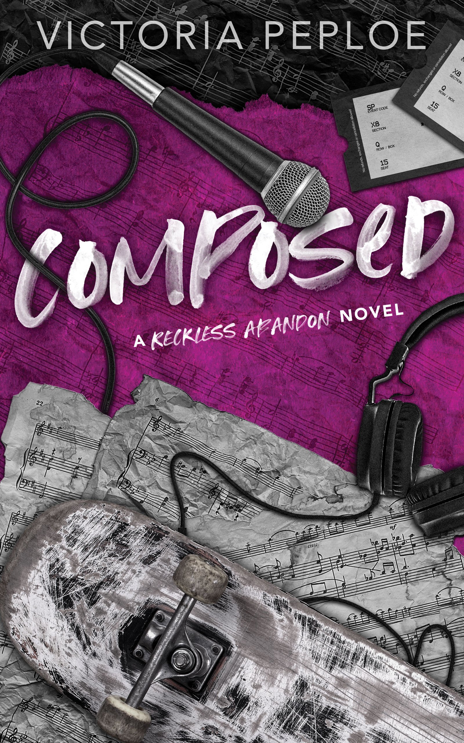 Discreet paperback cover of Composed by Victoria Peploe. A purple background with a micrphone, ticket stubs, crcumped sheet music, a worn skateboard and black headphones.