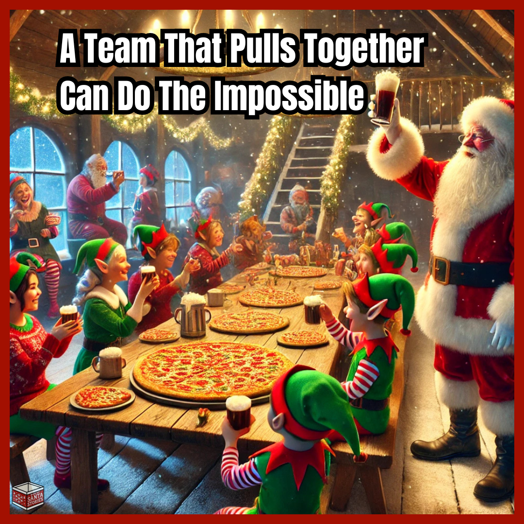 After dropping off the last gift, can you possibly guess... What did Santa do next?
You know St Nick, he's always hearty. He flies back home to throw his annual pizza party.
Every gift delivered. Every stocking filled.
The sleigh parked. The reindeer