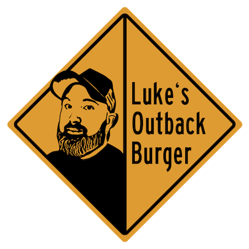Ein Logo für 'Luke's Outback Burger' mit einer halbseitigen Illustration eines Mannes mit Bart und Kappe, auf einem orange-braunen Hintergrund.
