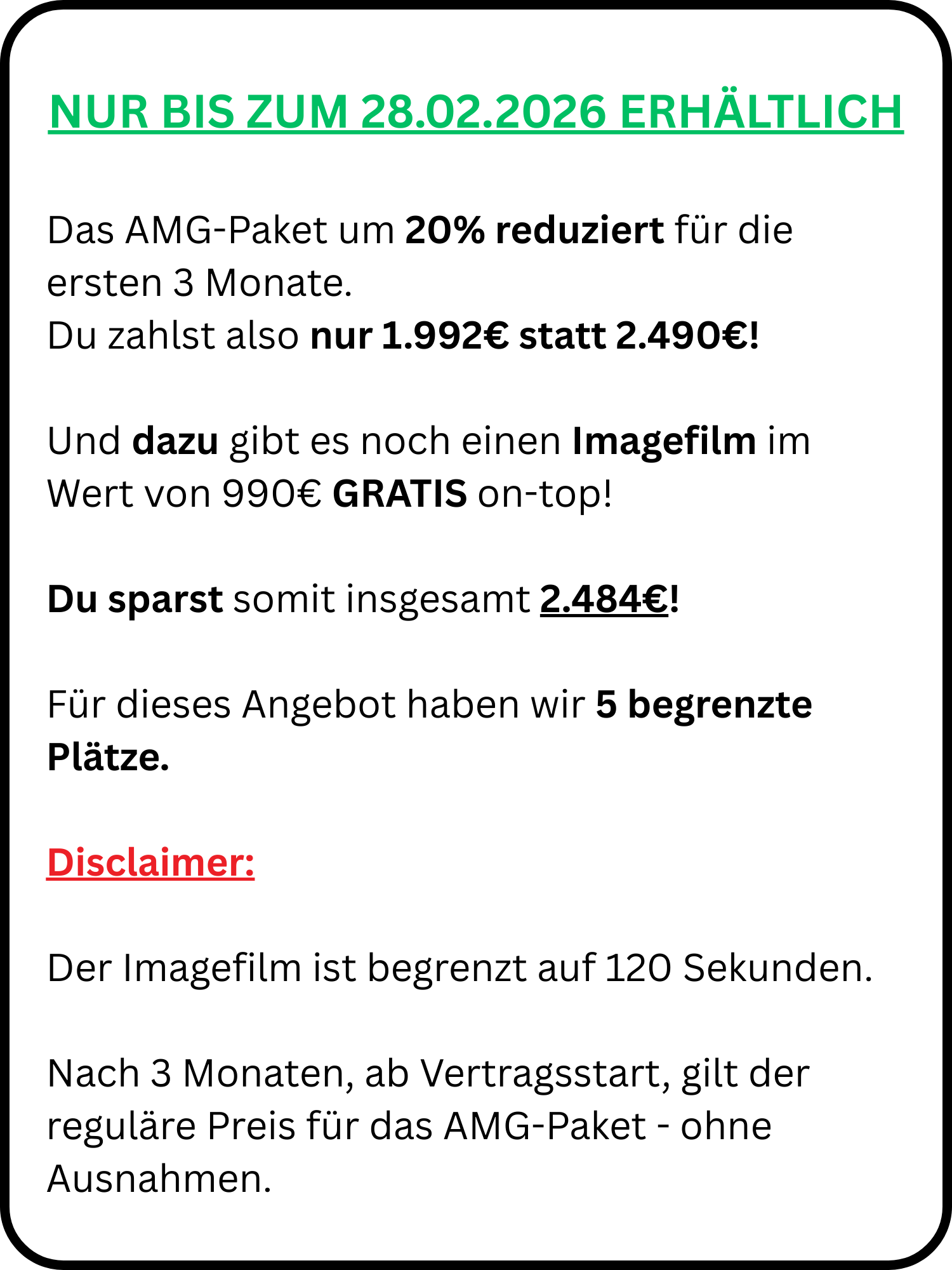 Ein Werbeplakat auf Deutsch mit einem Angebot für ein AMG-Paket, inklusive Preisreduktion, kostenloses Imagefilm, Begrenzung der Plätze und einem Haftungsausschluss.